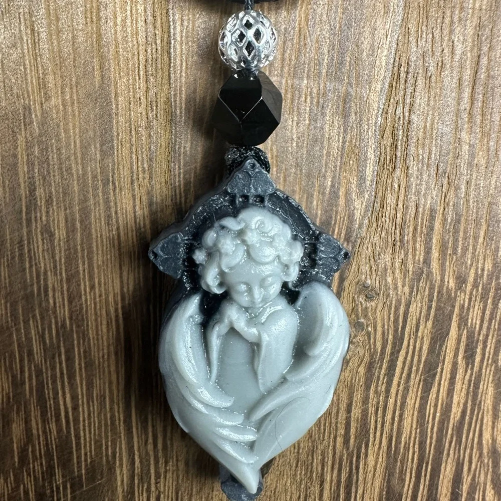 Tai Chi Stone Angel Pendant Necklace on Black Rope